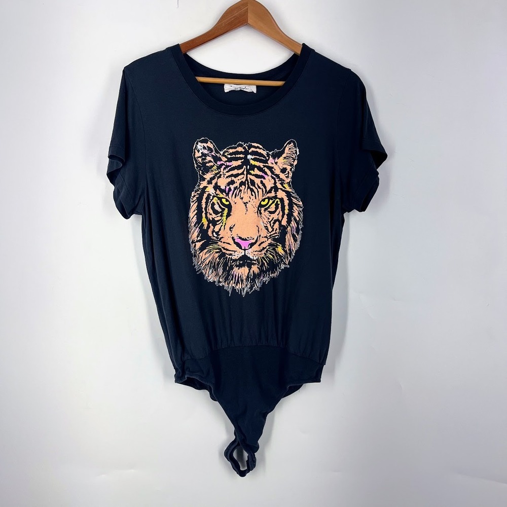 Daydreamer Free People Womens XL Tiger Graphic Bodysuit Charcoal Black Cotton XL